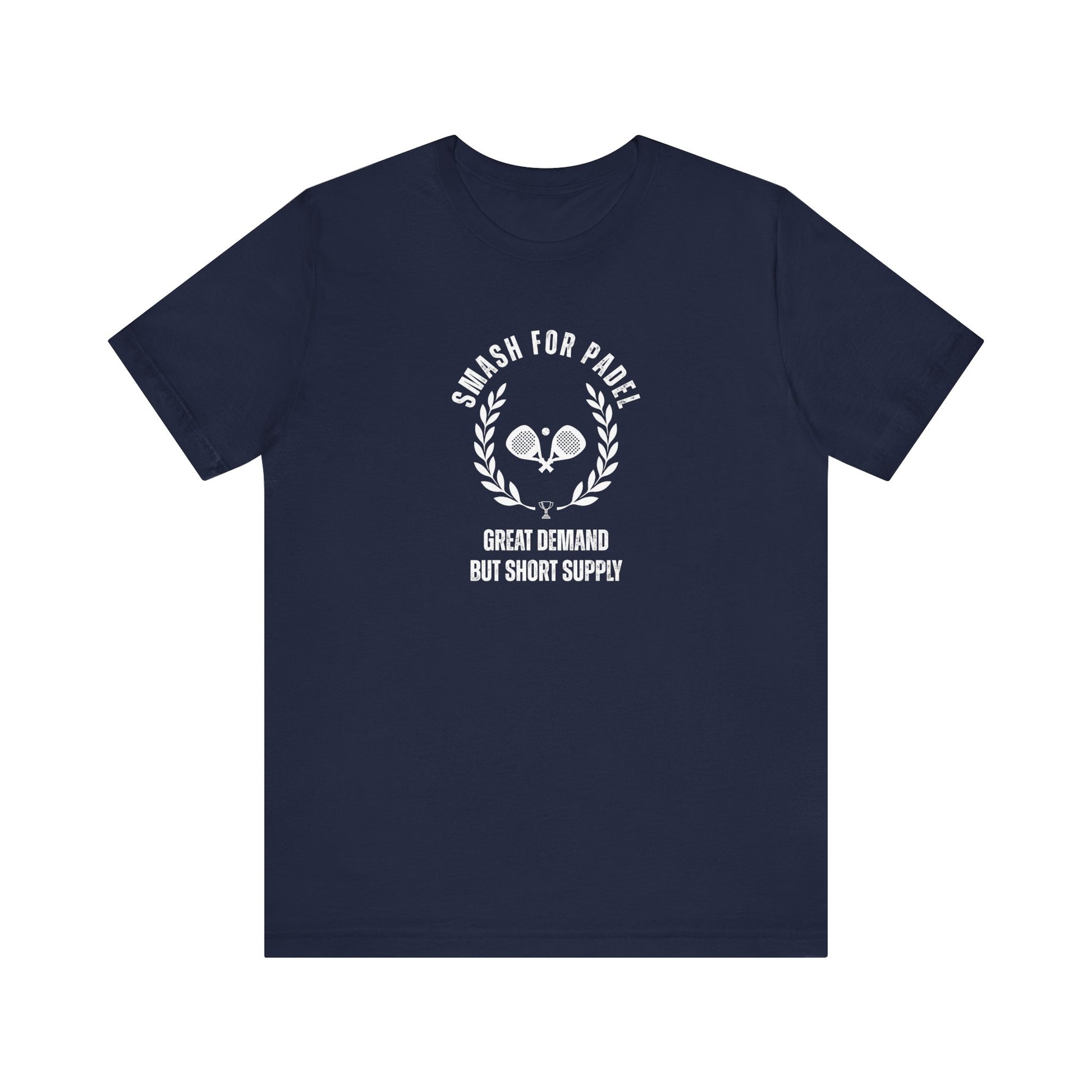 Navy blue t-shirt with white graphic and text on a white background