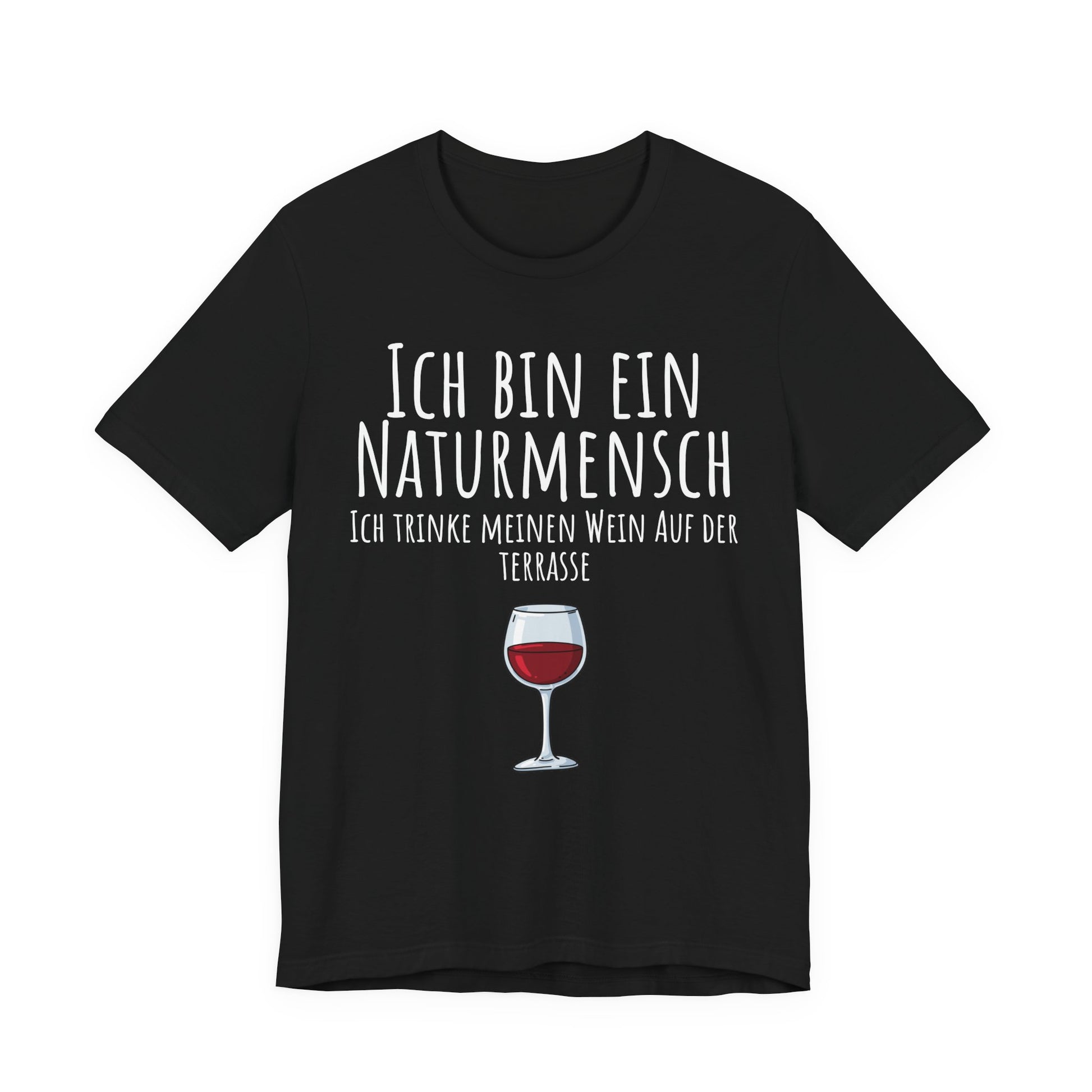 Black t-shirt with white text and a wine glass graphic on a white background
