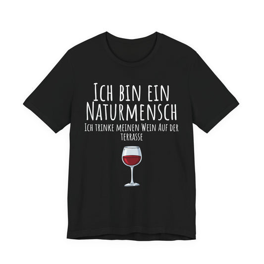Black t-shirt with white text and a wine glass graphic on a white background