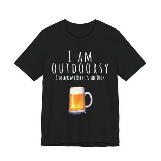Black t-shirt with a graphic of a beer mug and text on a white background