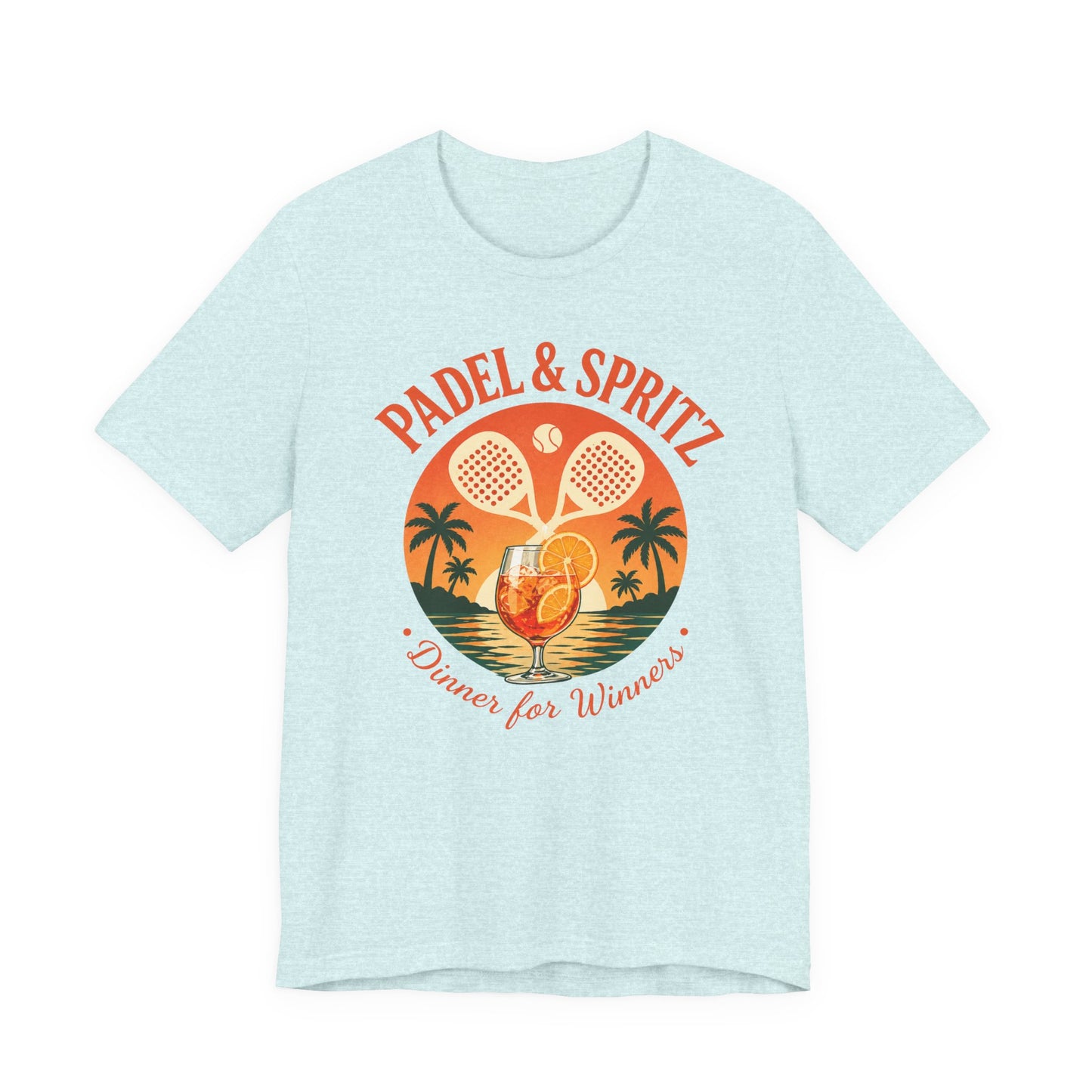 Padel Aperol T-Shirt Light blue t-shirt with 'Padel & Spritz' graphic design featuring tennis rackets and a cocktail.