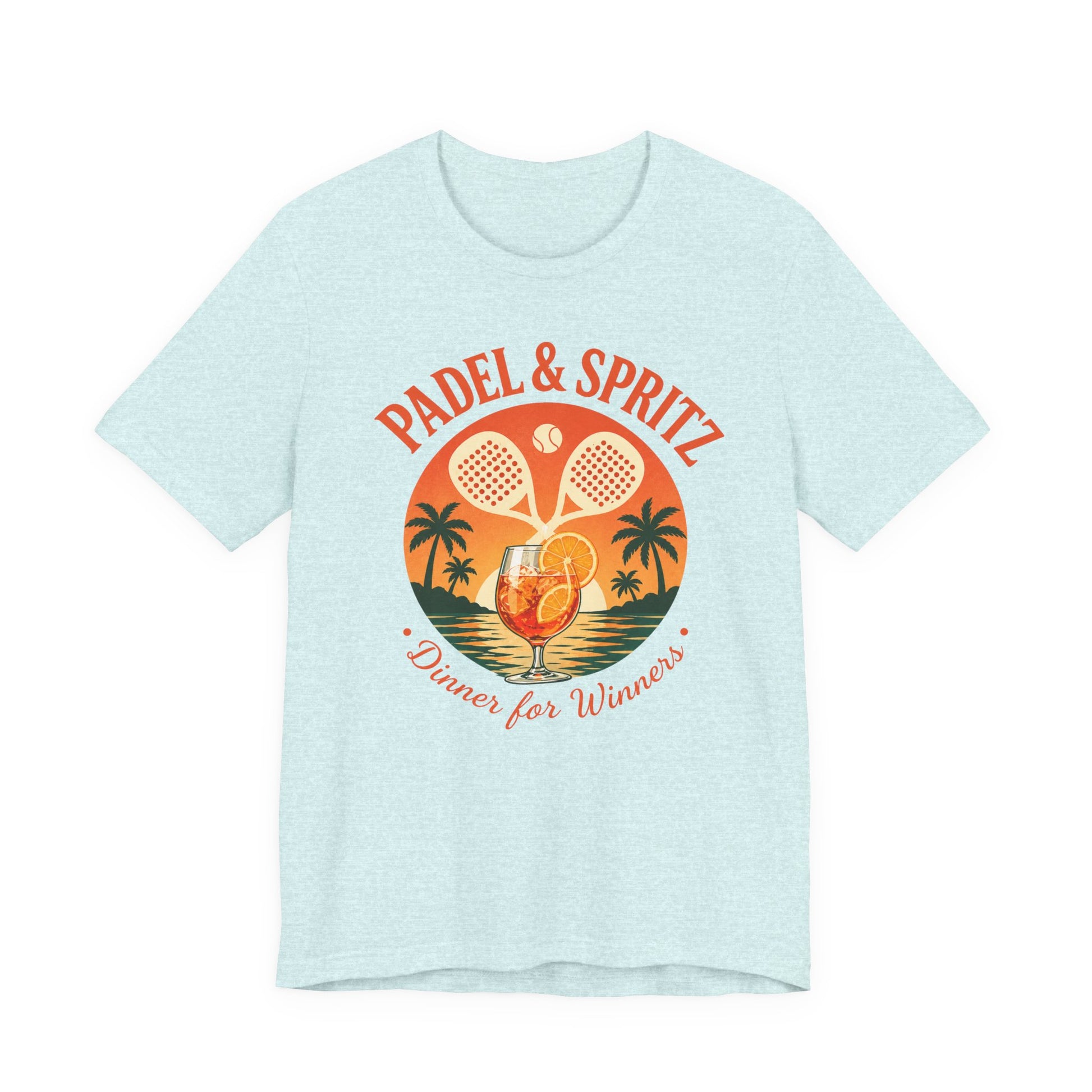 Padel Aperol T-Shirt Light blue t-shirt with 'Padel & Spritz' graphic design featuring tennis rackets and a cocktail.