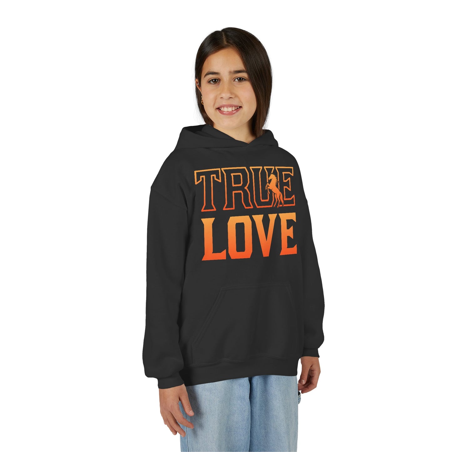 Person wearing a black hoodie with 'TRUE LOVE' text on a white background