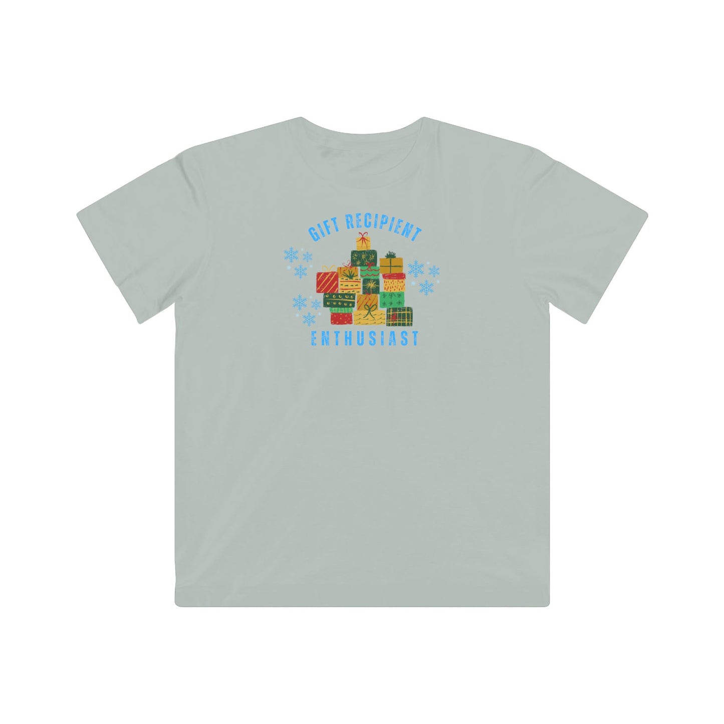 Light gray t-shirt with colorful graphic and text on a white background