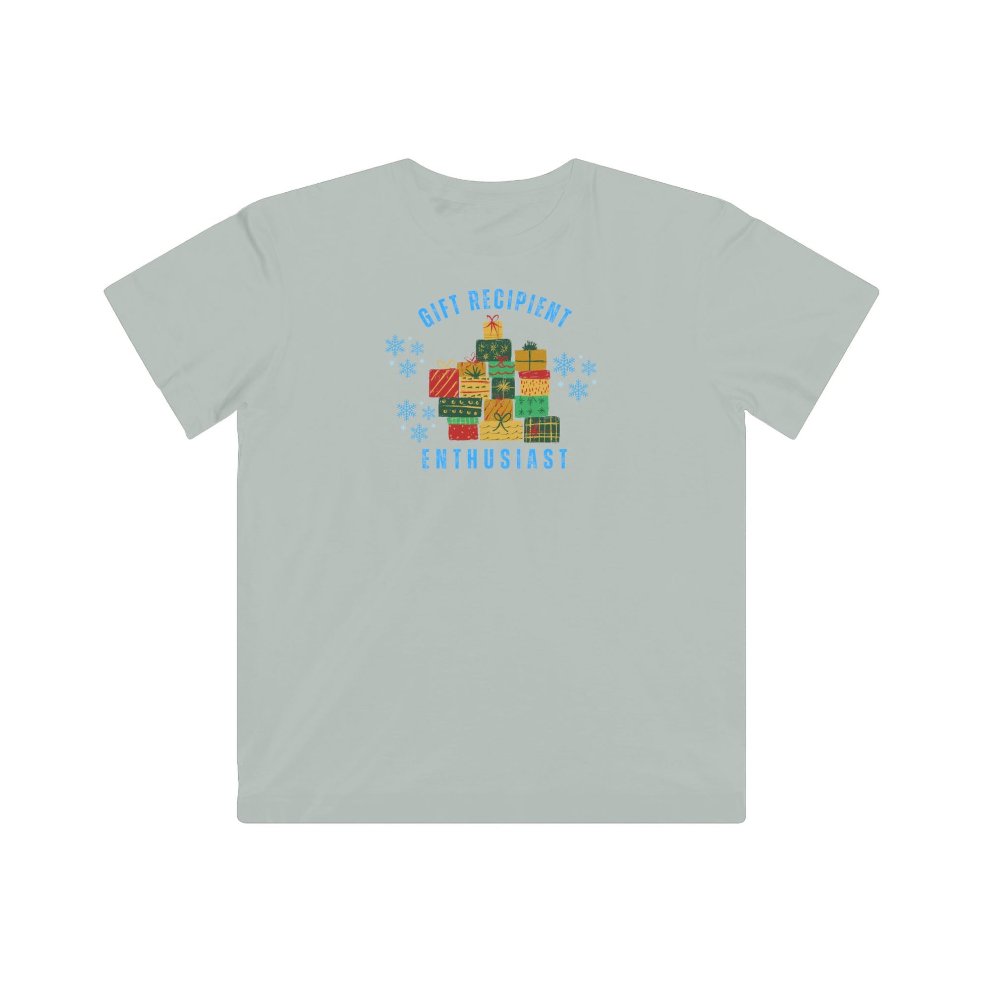 Light gray t-shirt with colorful graphic and text on a white background