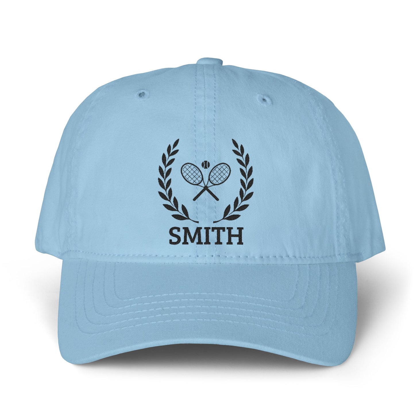 Tennis cap for women Light blue cap with black logo and text on a white background