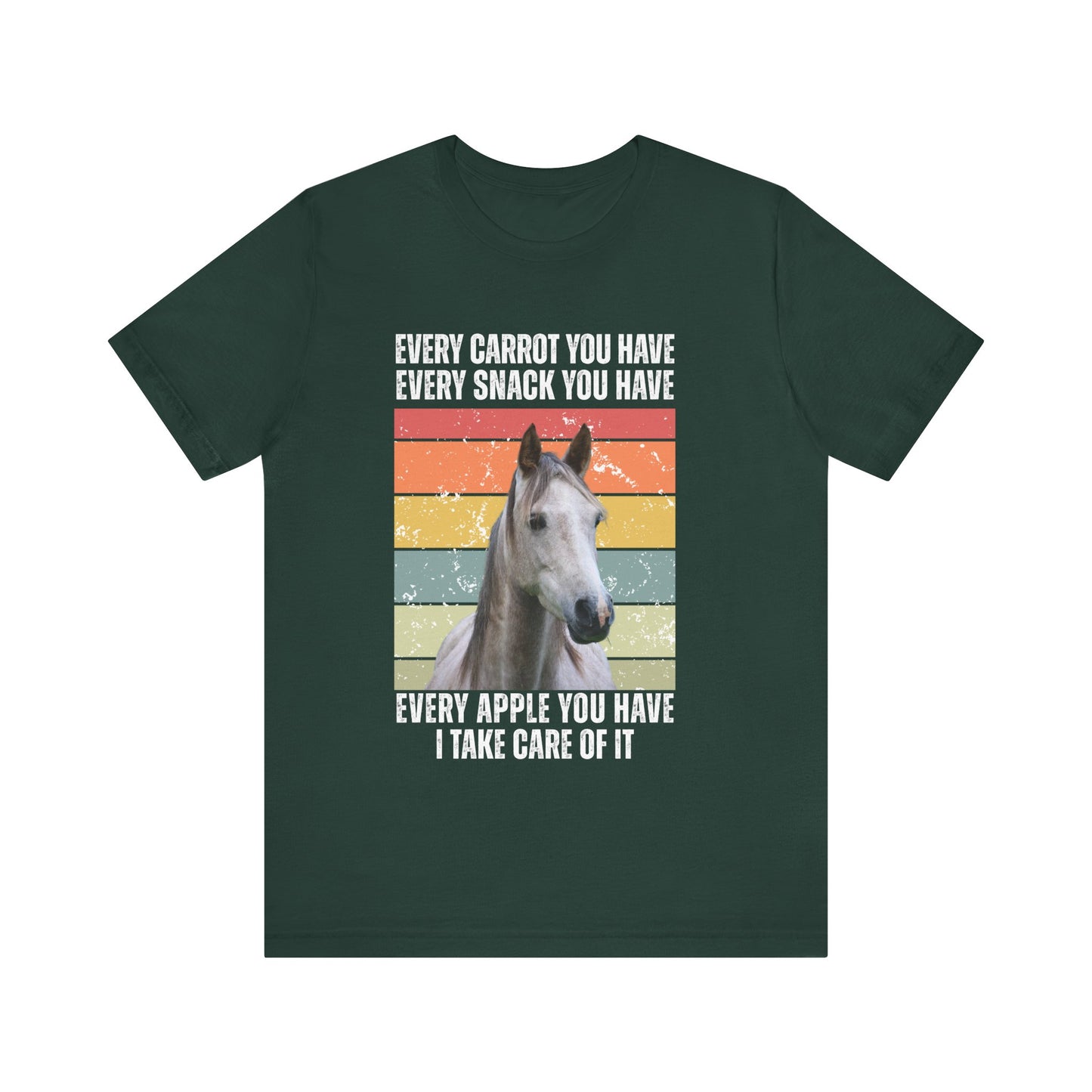 Green t-shirt with a horse graphic and text on a white background