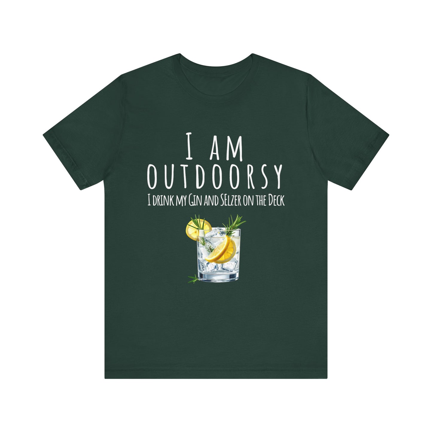 Dark green t-shirt with a graphic of a gin and tonic and text on a white background