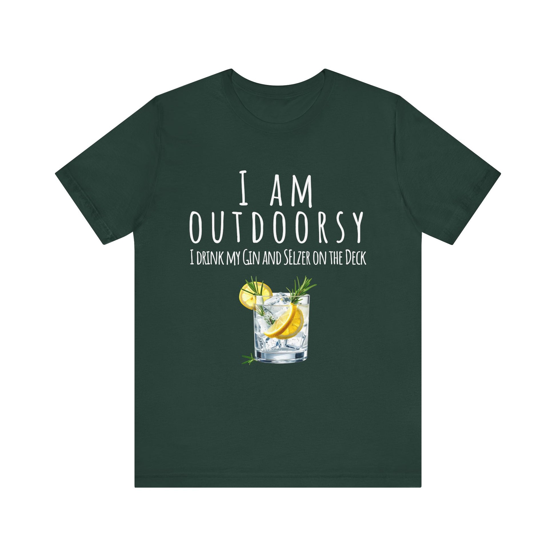 Dark green t-shirt with a graphic of a gin and tonic and text on a white background
