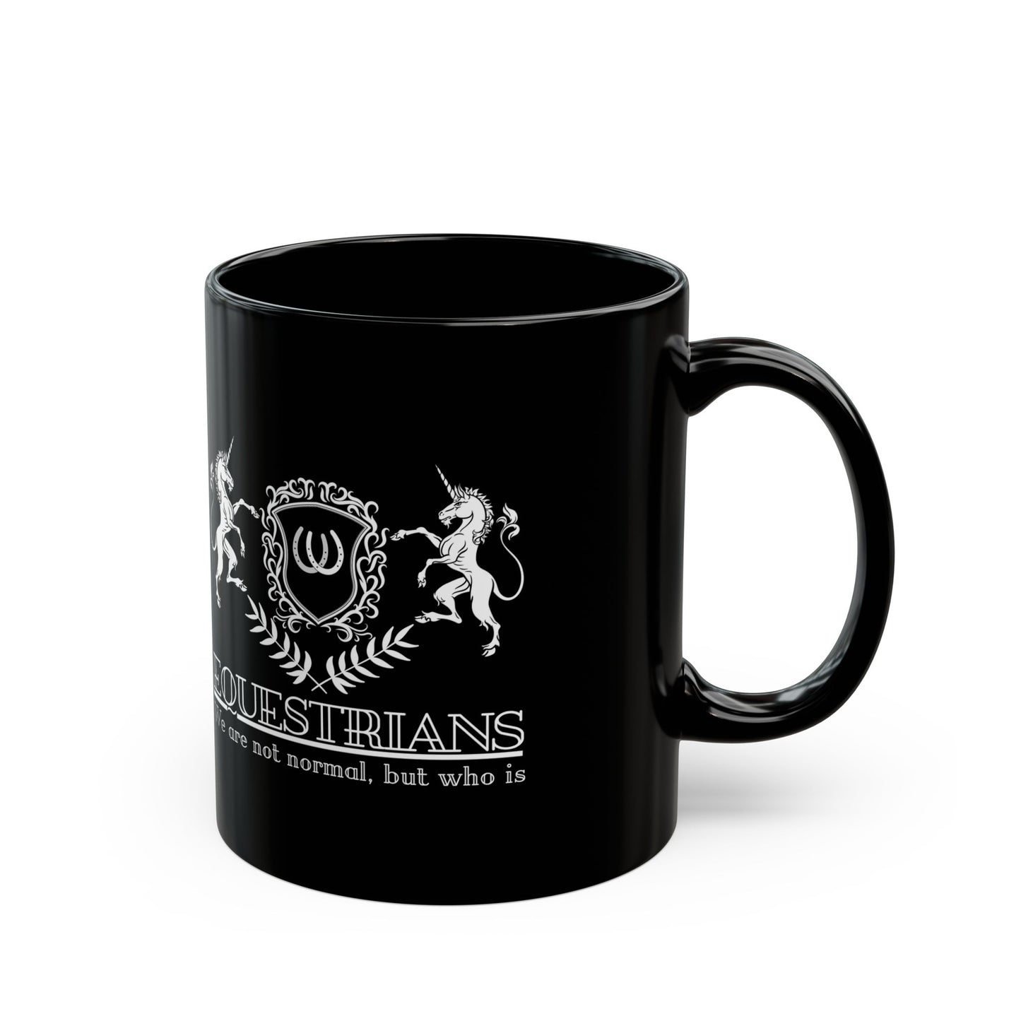 Black mug with white emblem and text on a white background