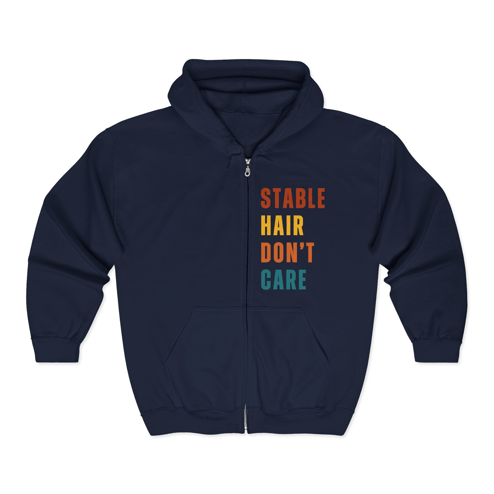 Equestrian Hoodie with Stable Hair Don't Care text and horse barn back print. Navy blue hoodie with colorful text 'STABLE HAIR DON'T CARE' on a white background