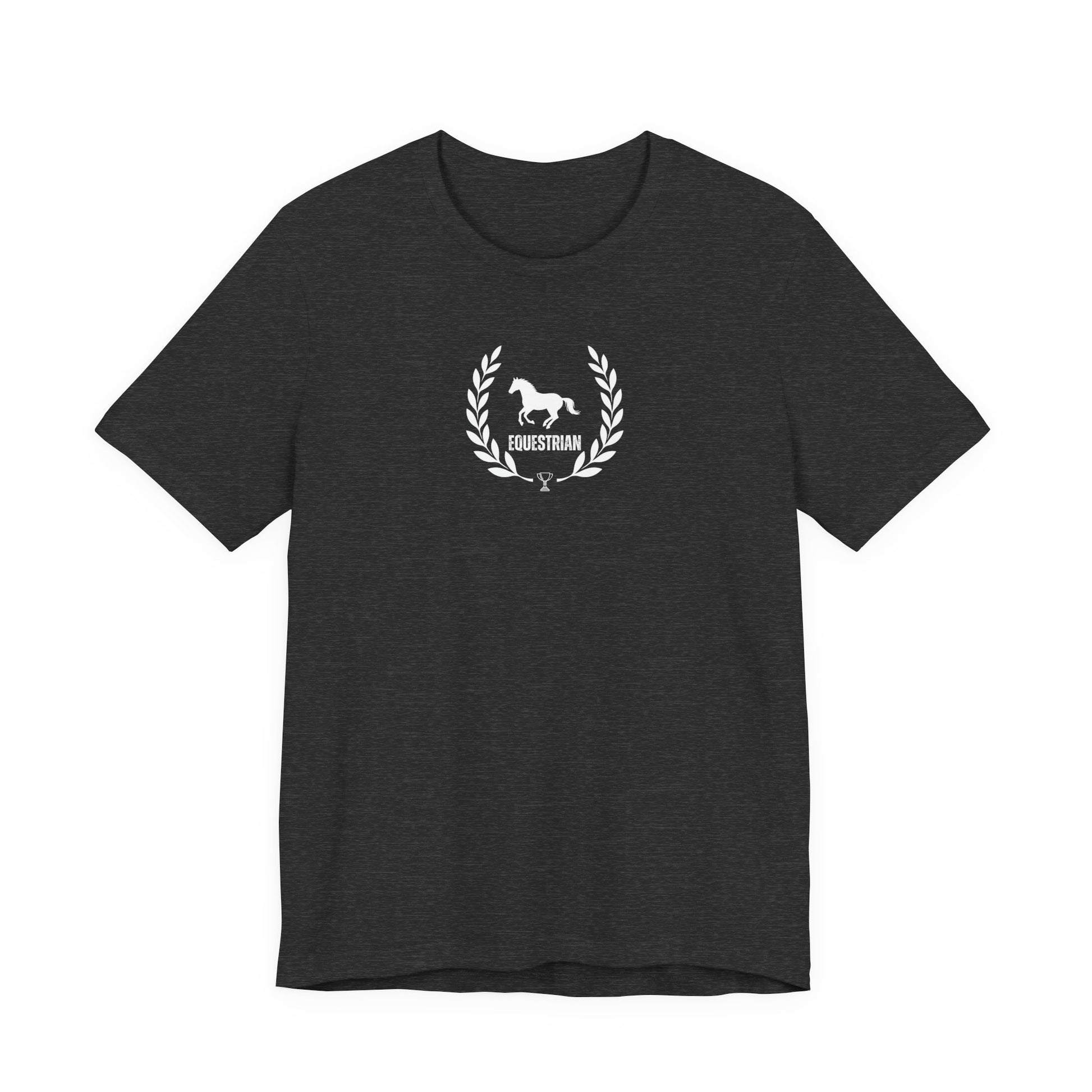 Black t-shirt with a logo on a white background