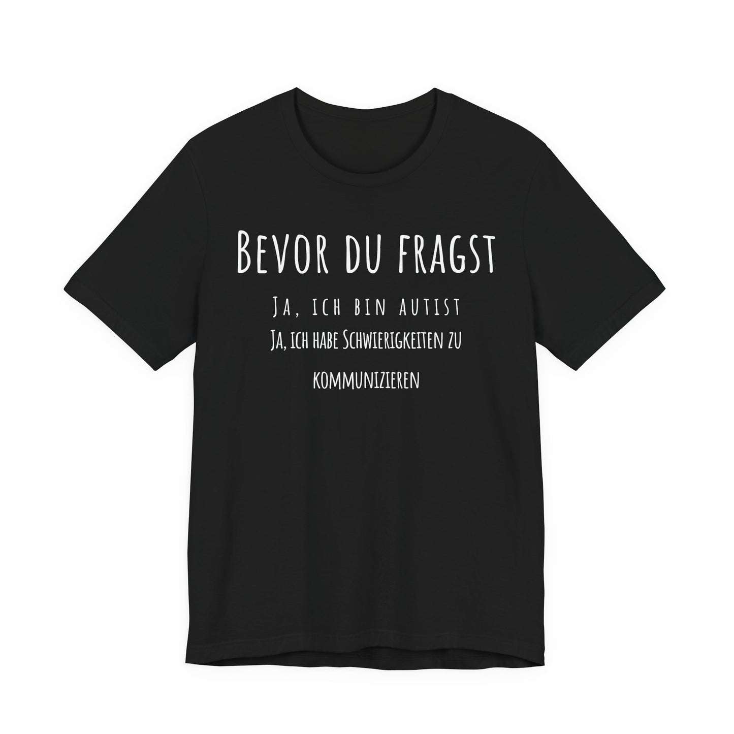 Black t-shirt with white text on a white background