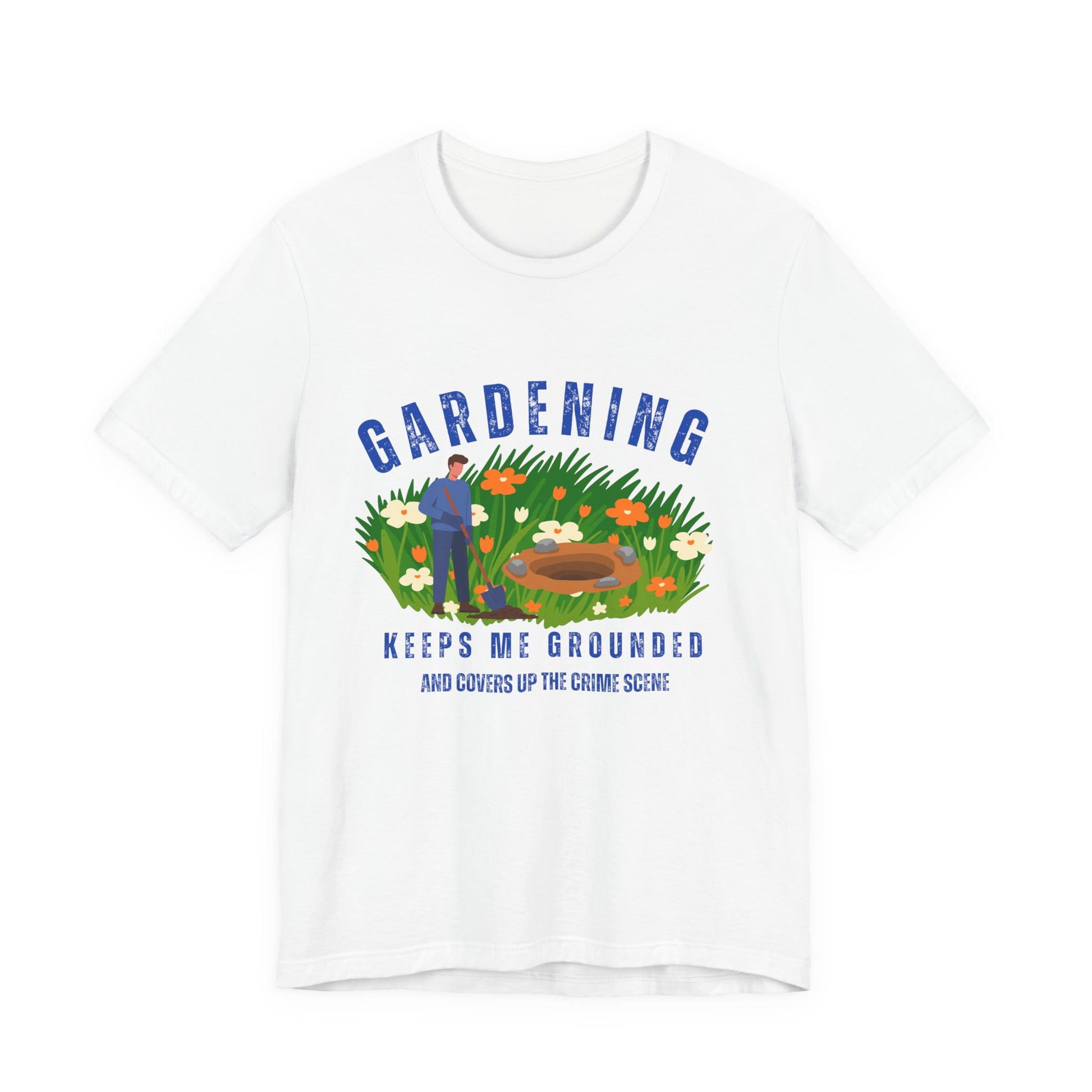 White t-shirt with a gardening graphic and text on a white background