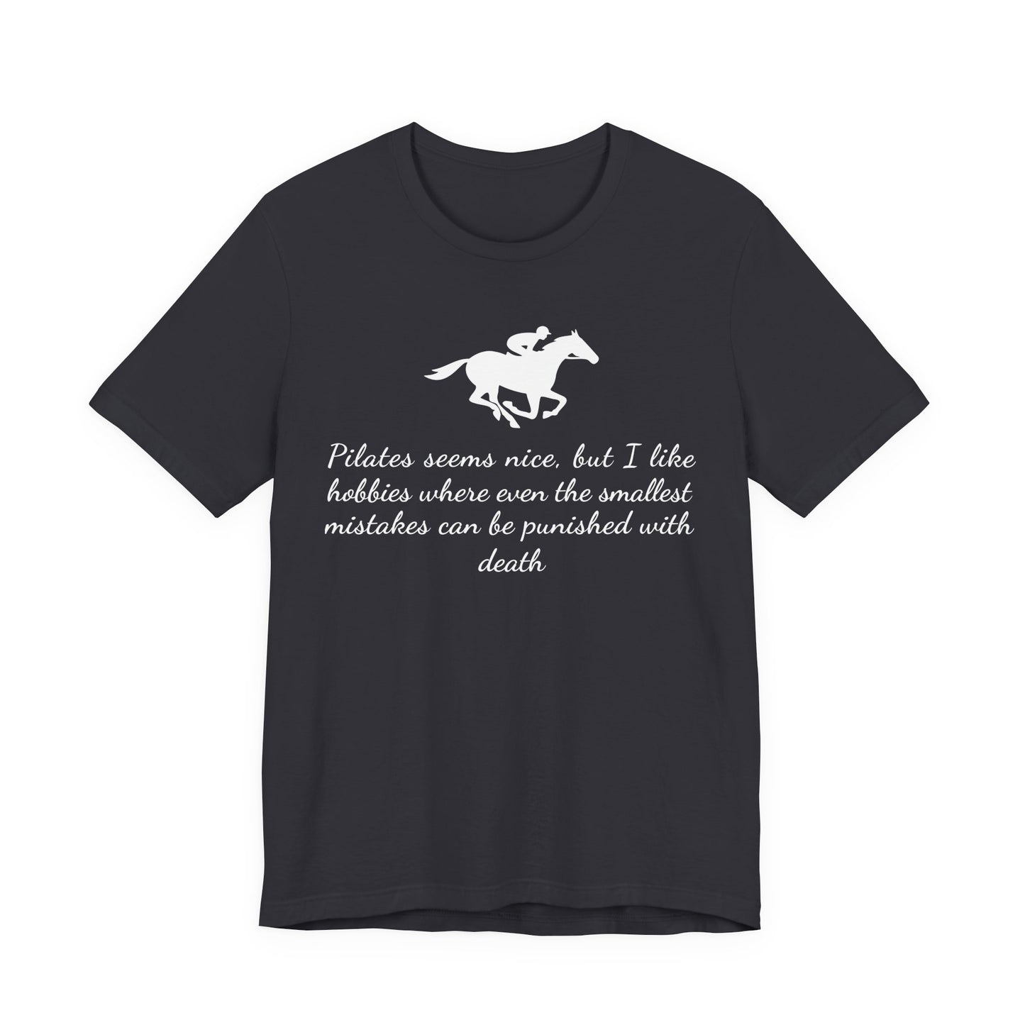 Black t-shirt with horse riding graphic and text on a white background