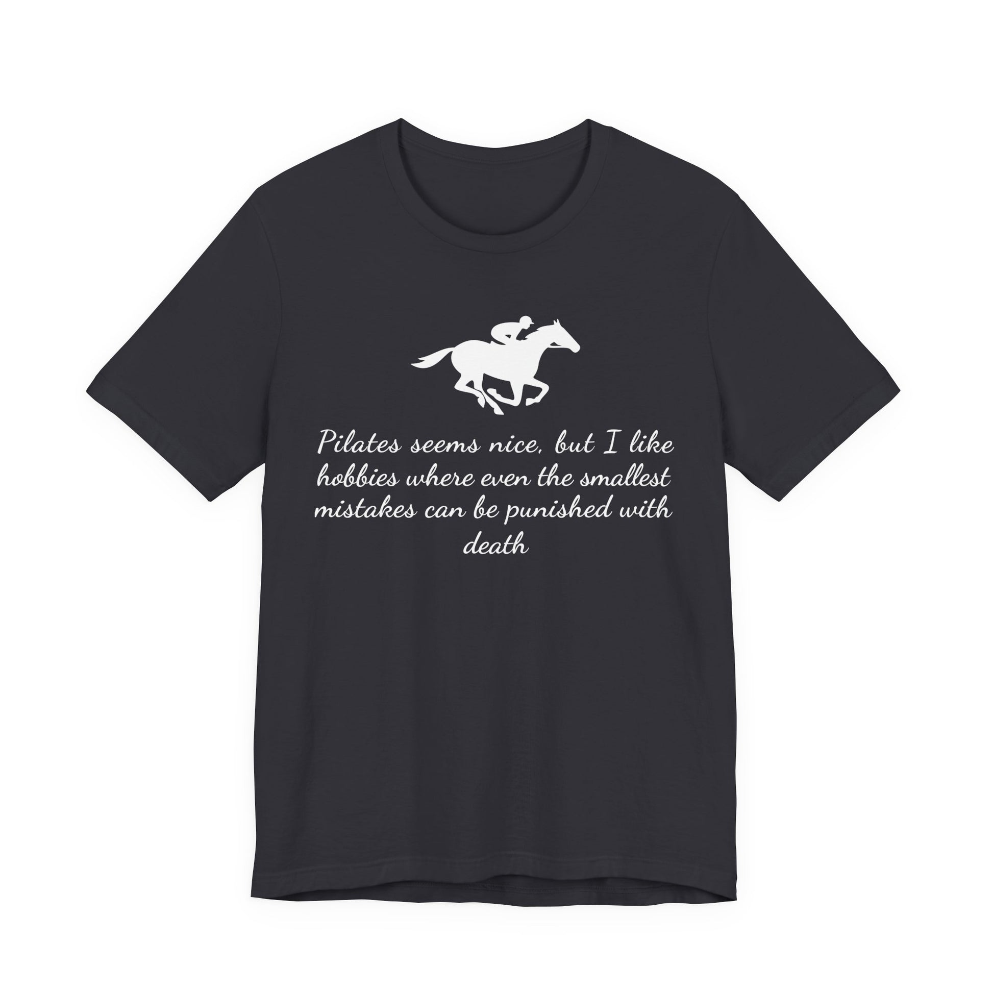 Black t-shirt with horse riding graphic and text on a white background