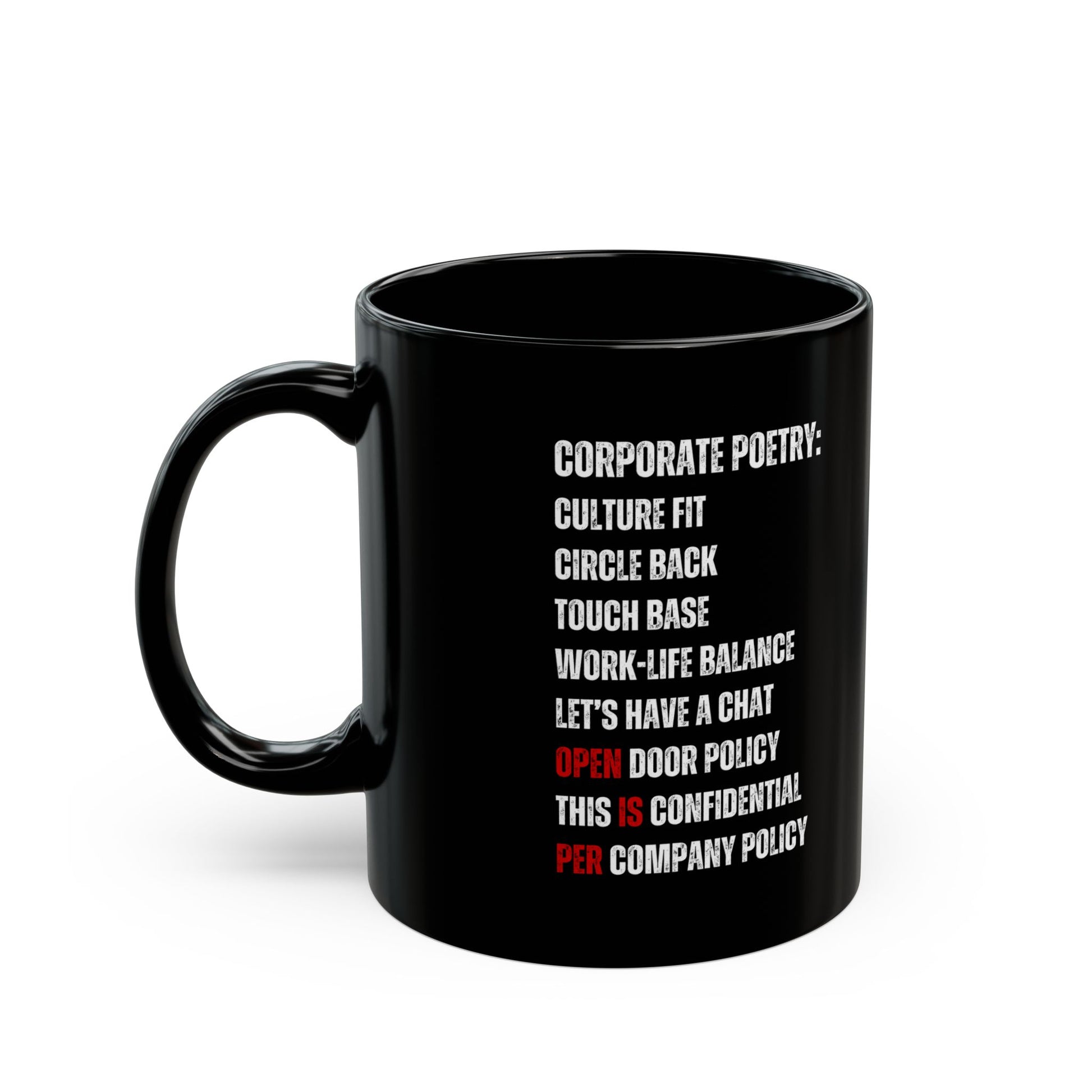 Black mug with white text on a white background