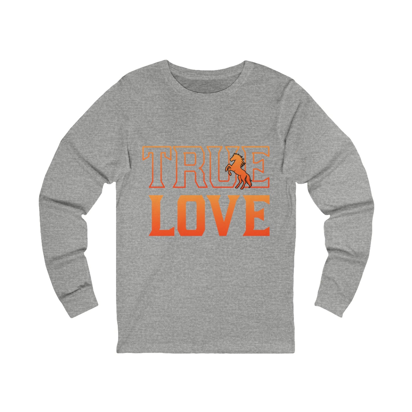 Gray long-sleeve shirt with 'TRUE LOVE' text and graphic on a white background