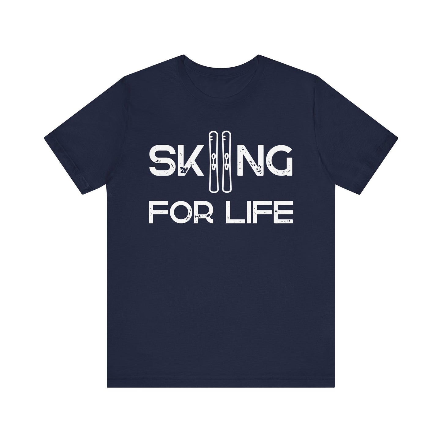 Navy blue t-shirt with 'Skiing for Life' text and ski graphics on a white background