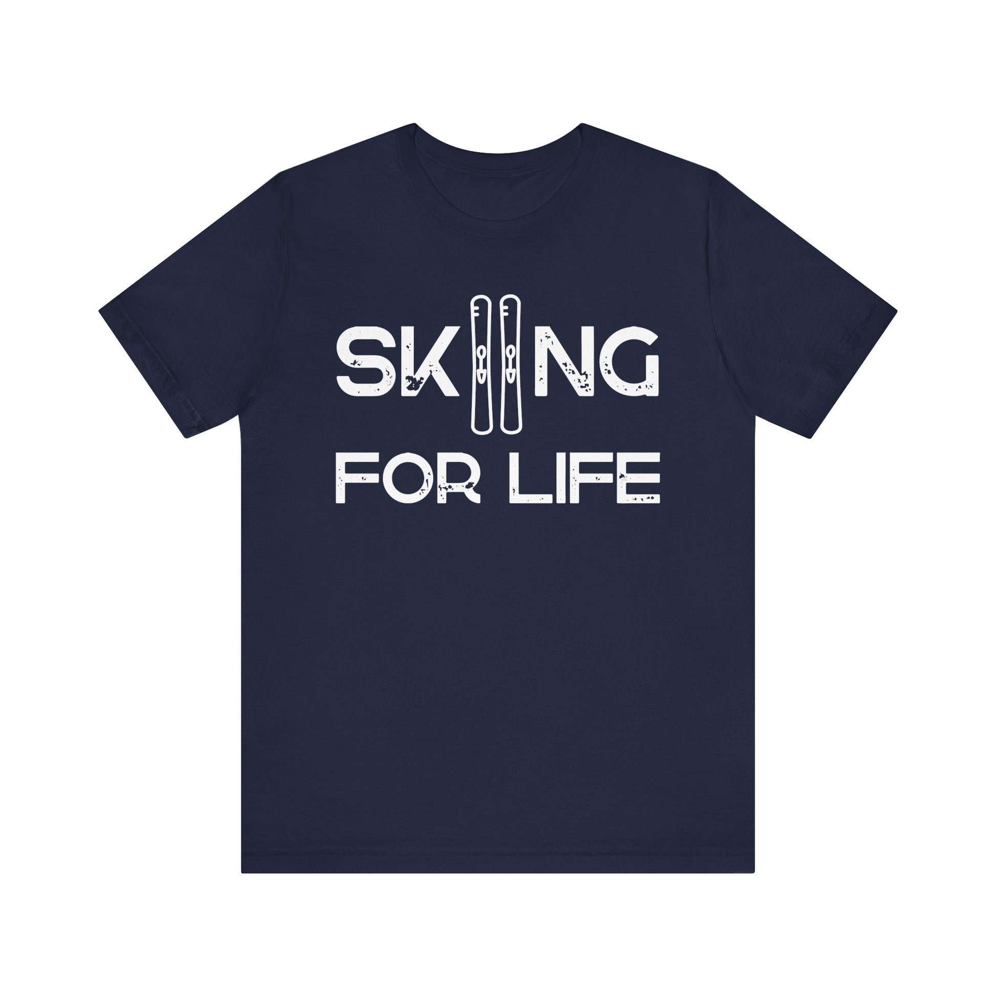 Navy blue t-shirt with 'Skiing for Life' text and ski graphics on a white background
