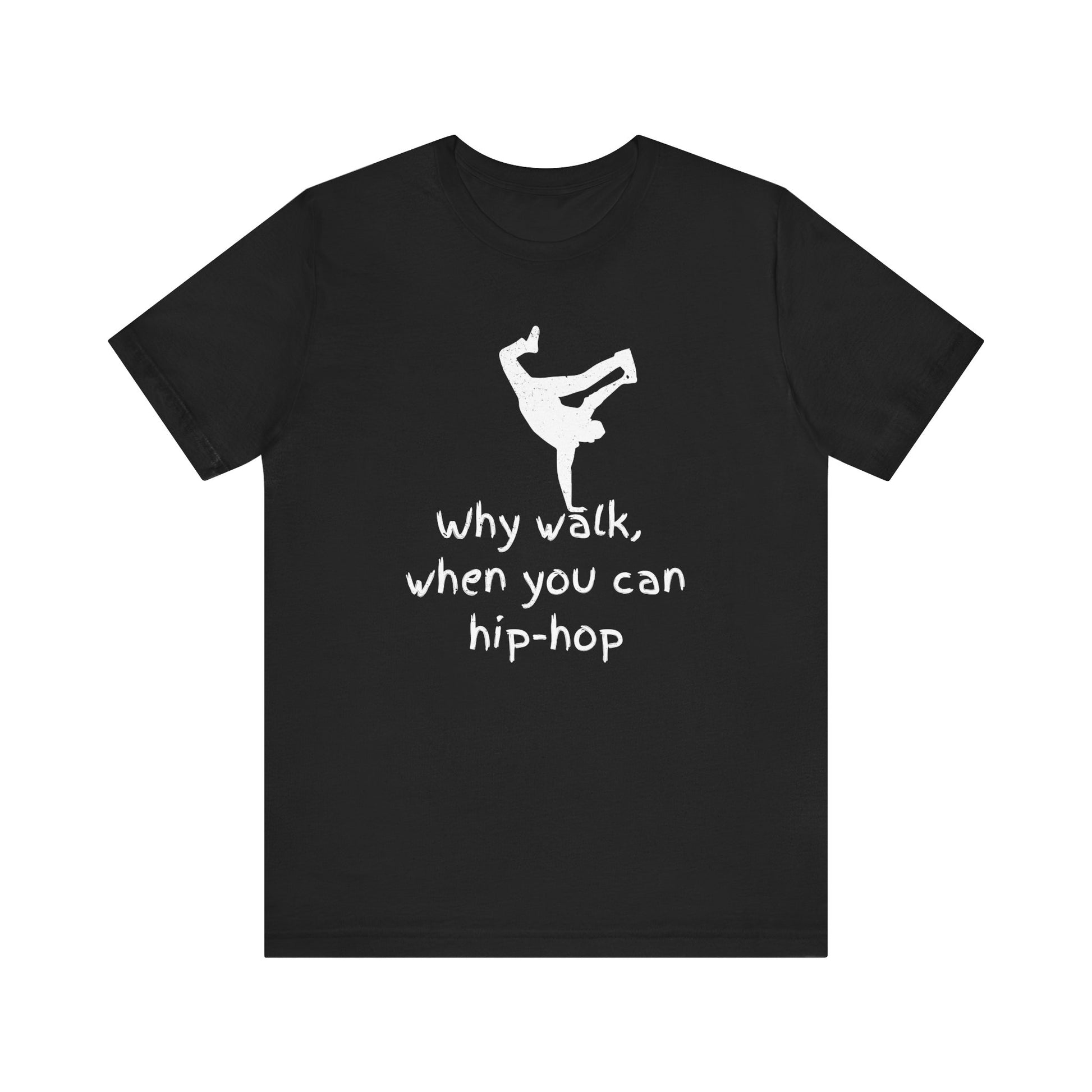 Black t-shirt with white graphic and text on a white background