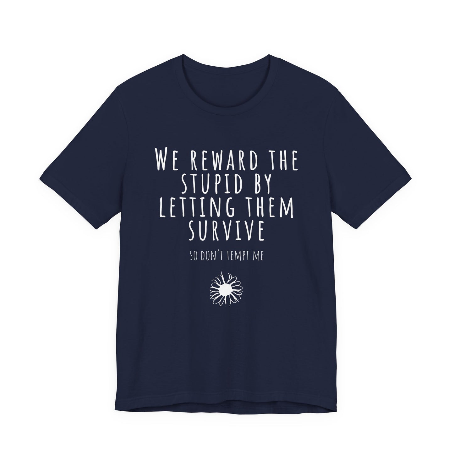 Navy blue t-shirt with white text and graphic on a white background