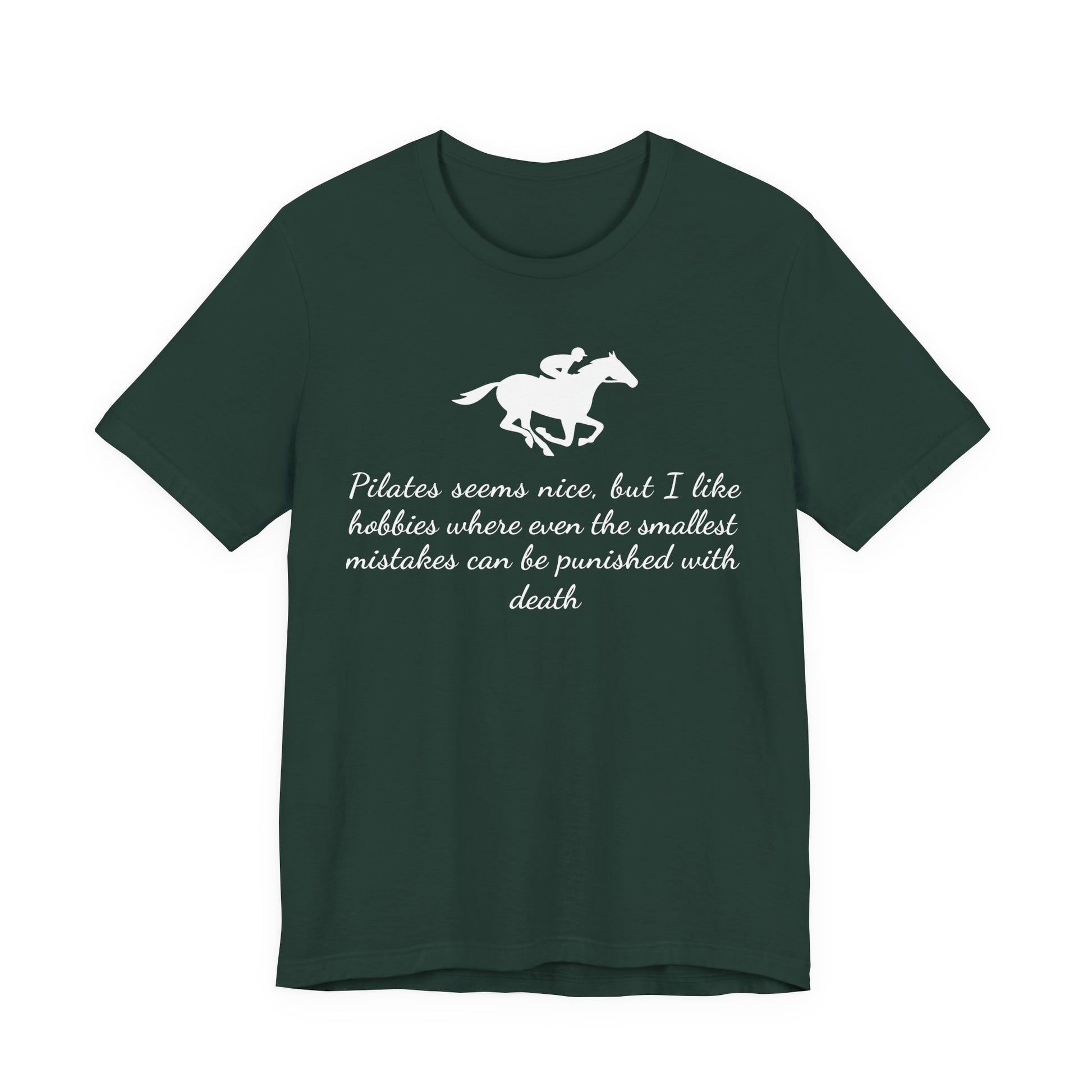Green t-shirt with horse graphic and text on a white background