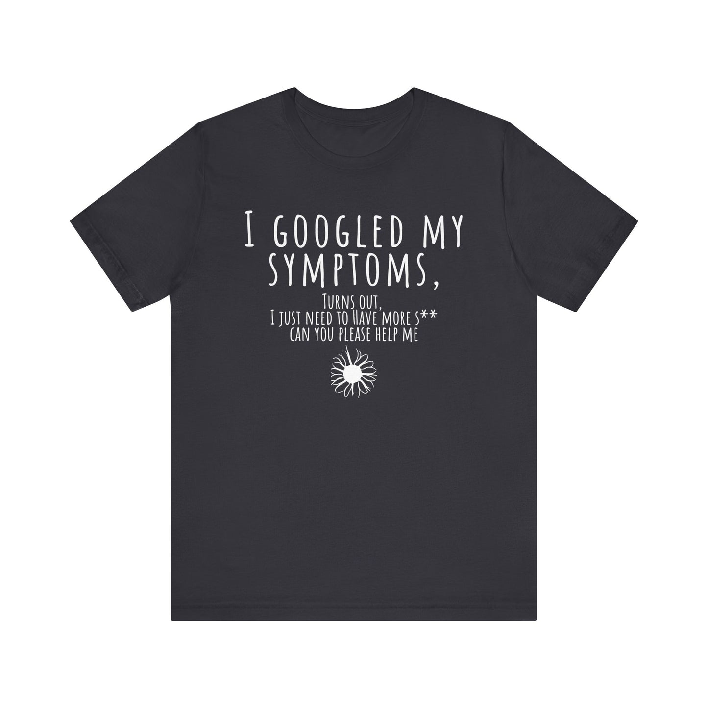 Black t-shirt with white text and graphic on a white background