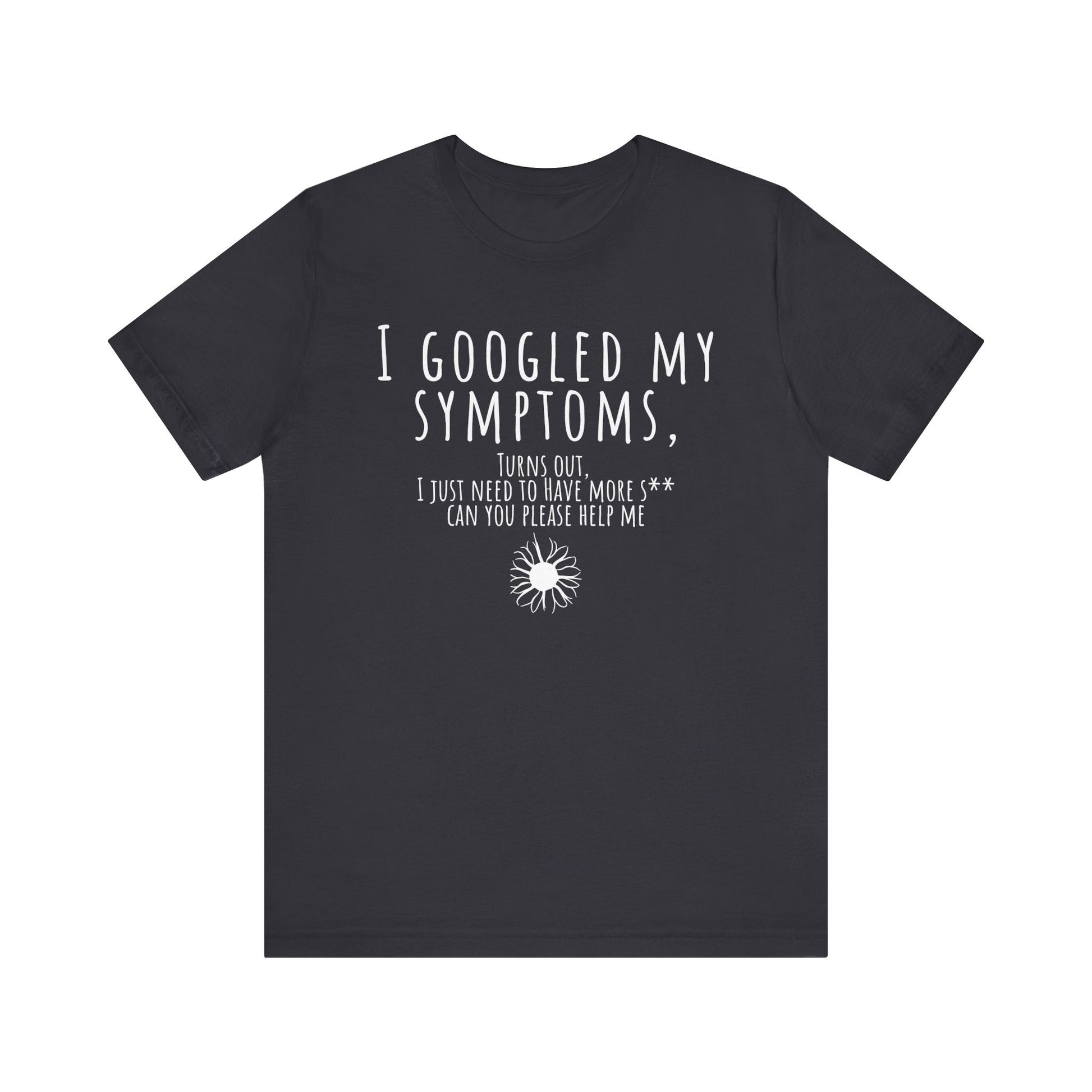 Black t-shirt with white text and graphic on a white background