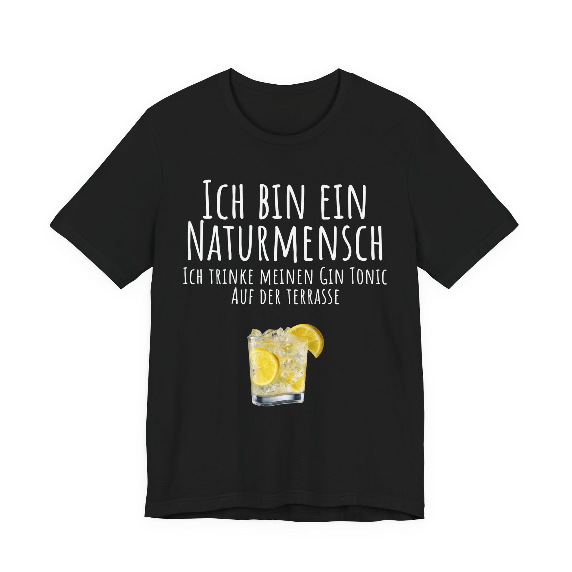 Black t-shirt with white text and a drink graphic on a white background