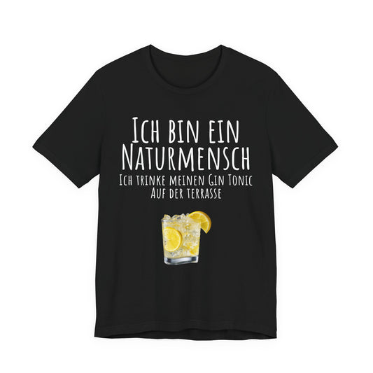 Black t-shirt with white text and a drink graphic on a white background