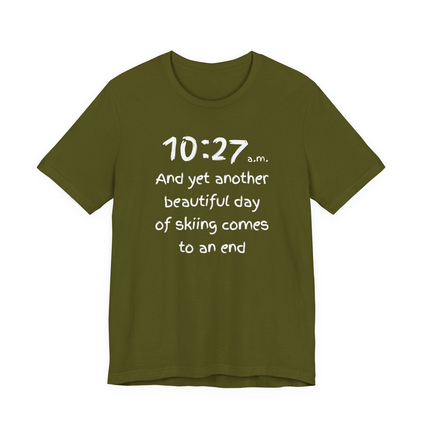 Green t-shirt with white text on a white background