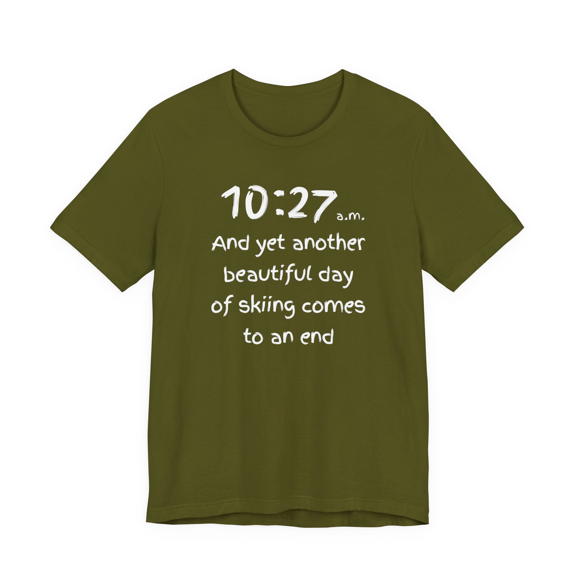 Green t-shirt with white text on a white background