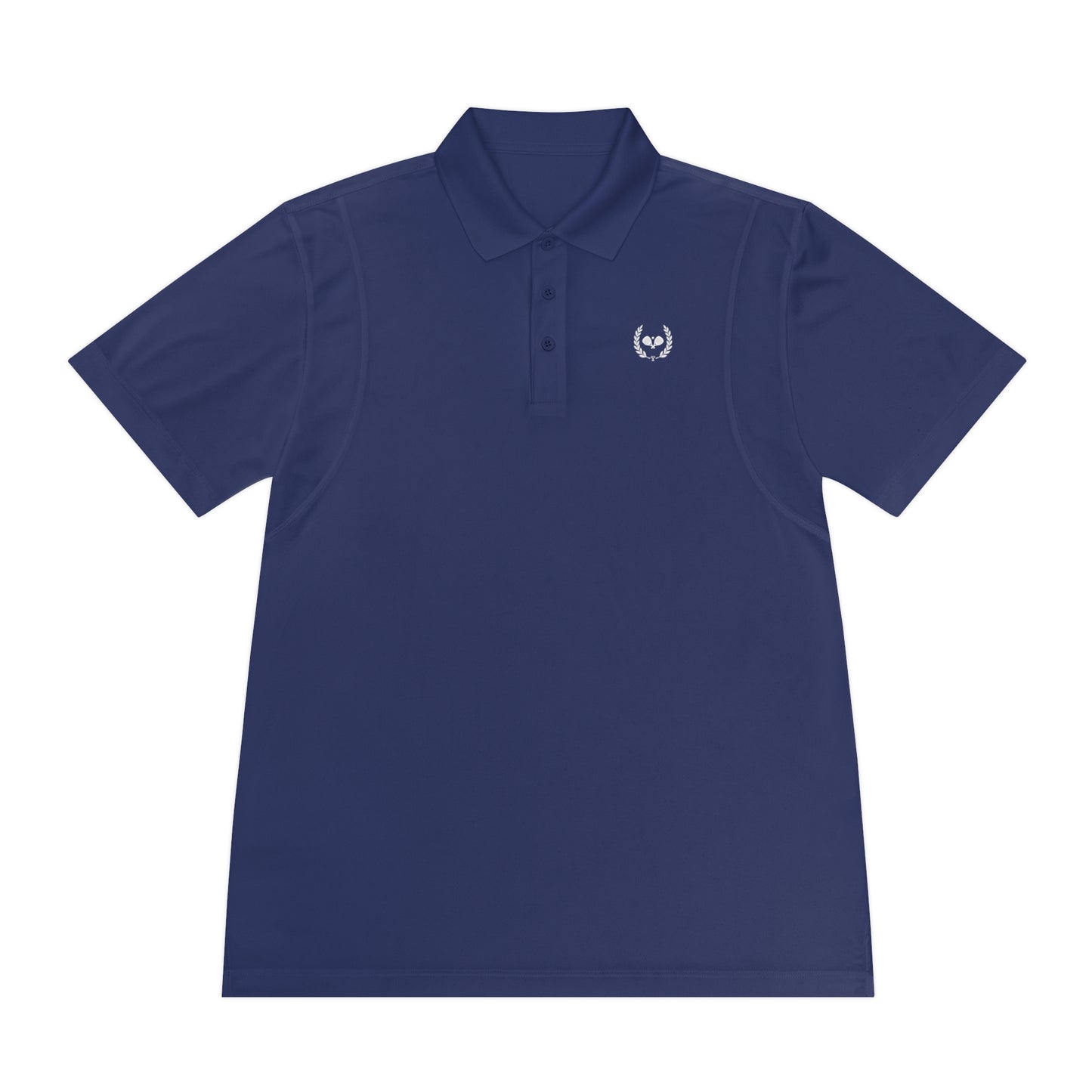 Navy blue polo shirt with a small white logo on a white background