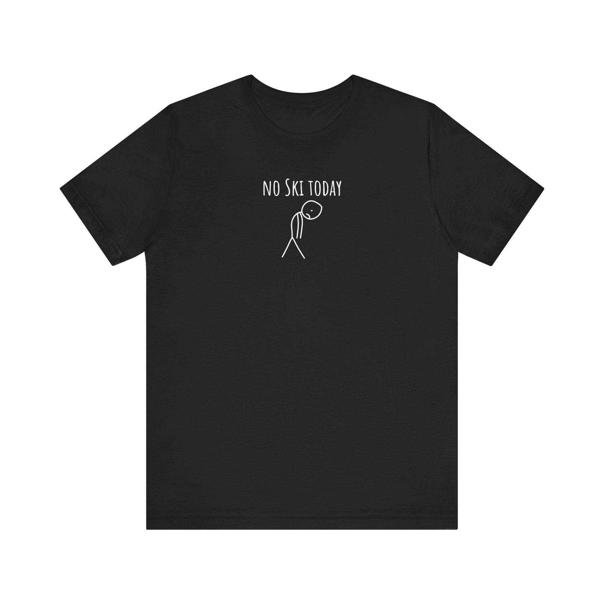 Black t-shirt with 'No Ski Today' text and skier graphic on a white background