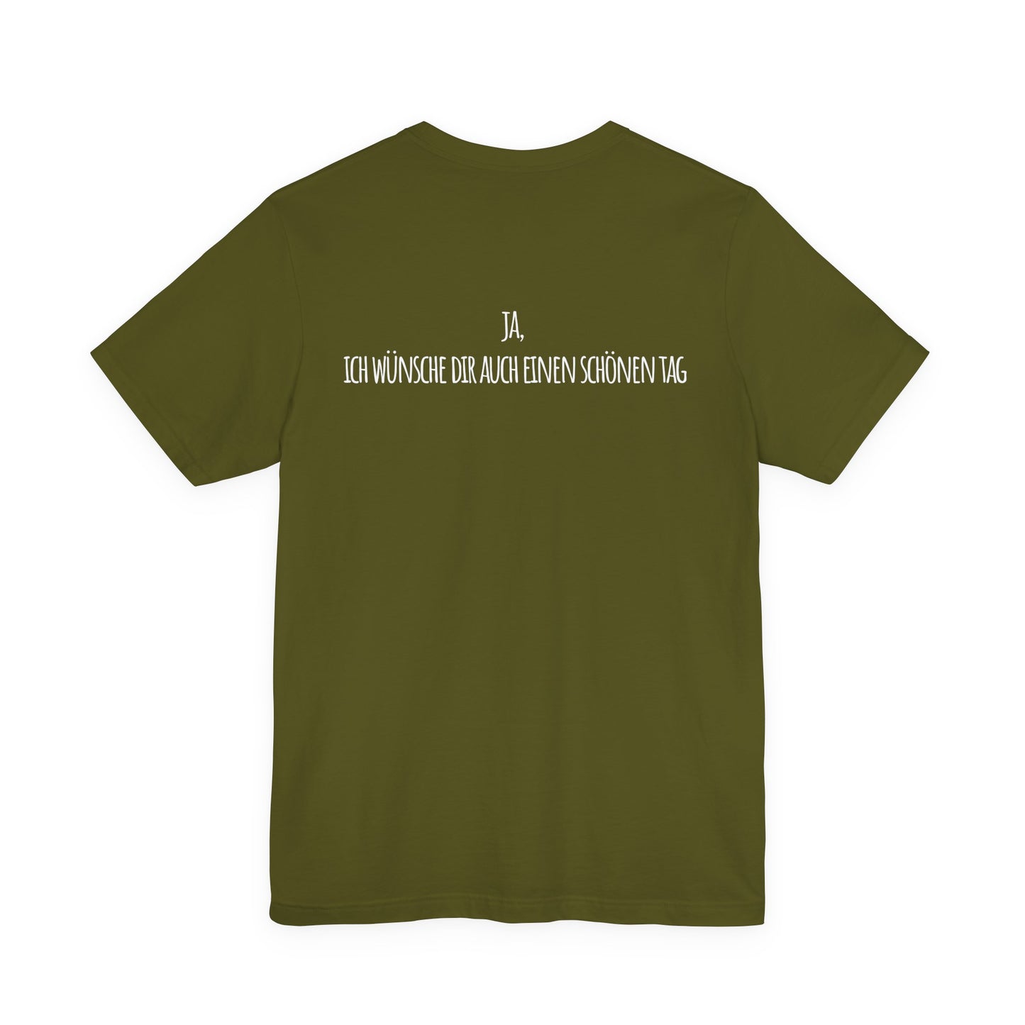 Green t-shirt with white text on the back against a white background