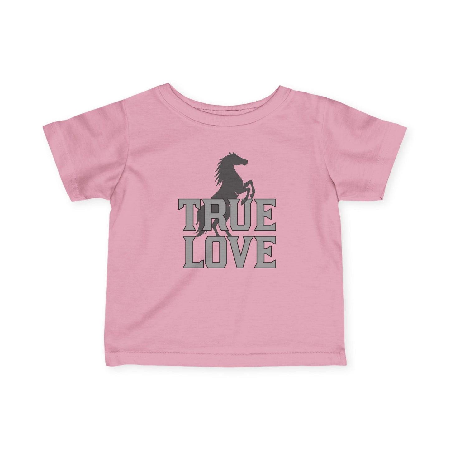 Pink t-shirt with horse graphic and 'True Love' text on a white background