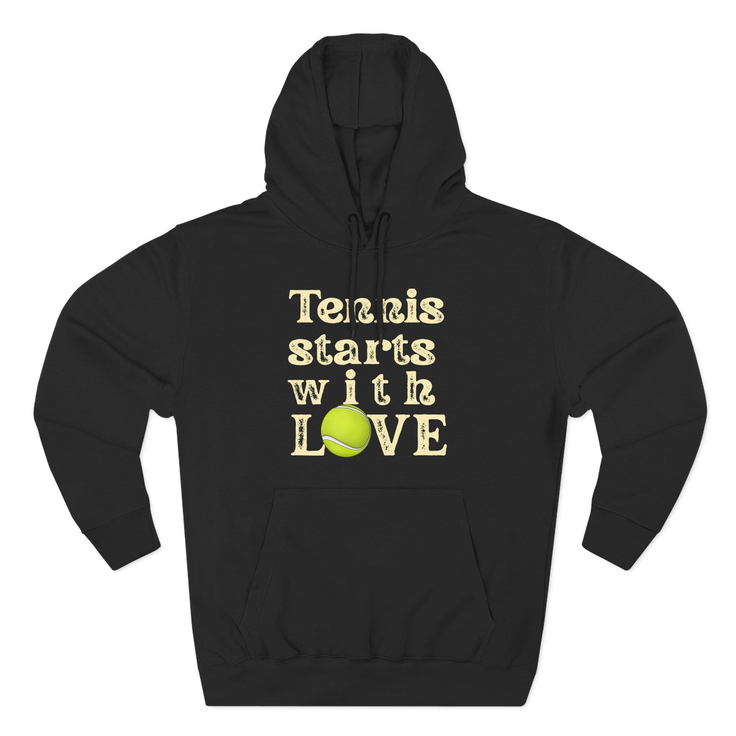 Black hoodie with 'Tennis starts with LOVE' text and tennis ball graphic on a white background