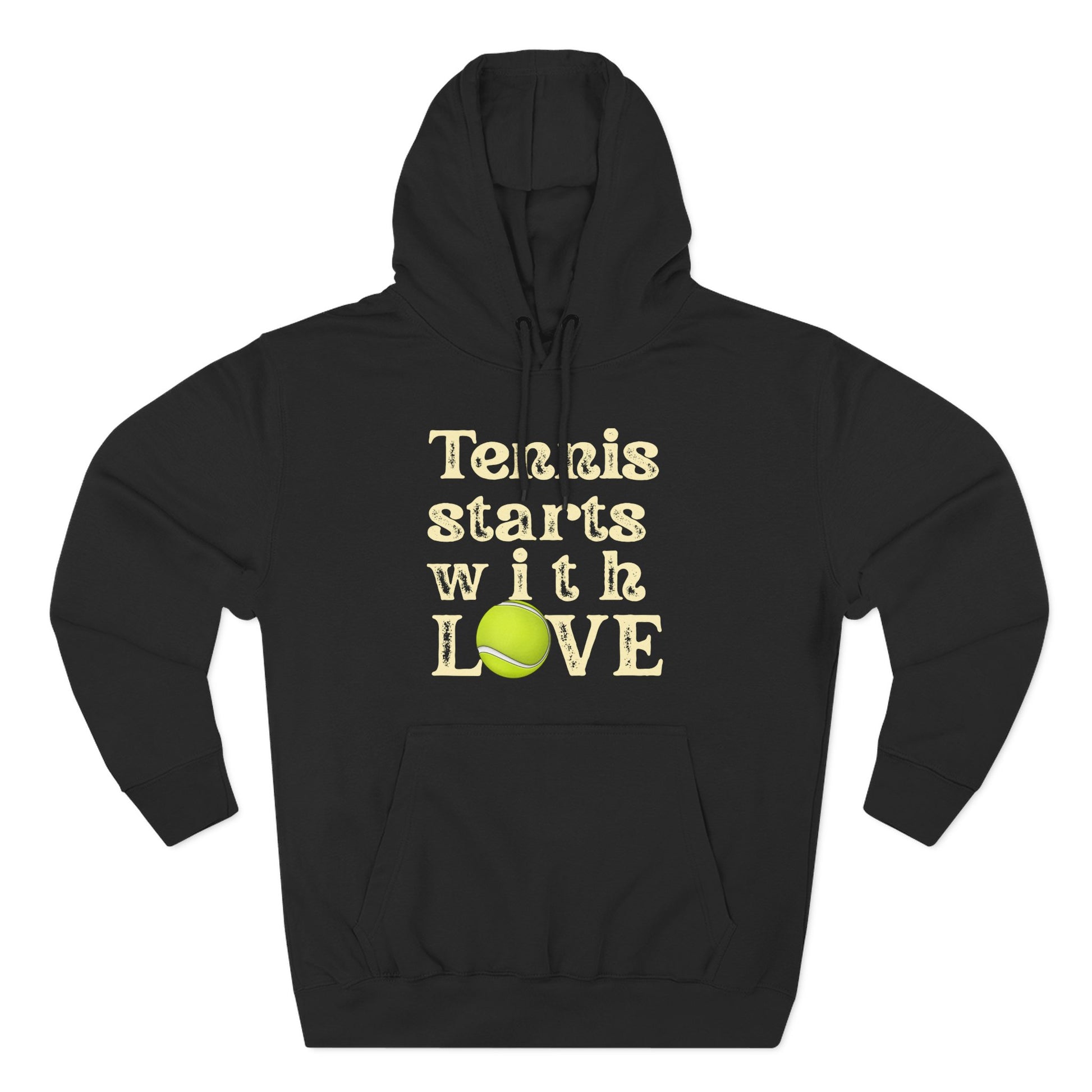 Black hoodie with 'Tennis starts with LOVE' text and tennis ball graphic on a white background