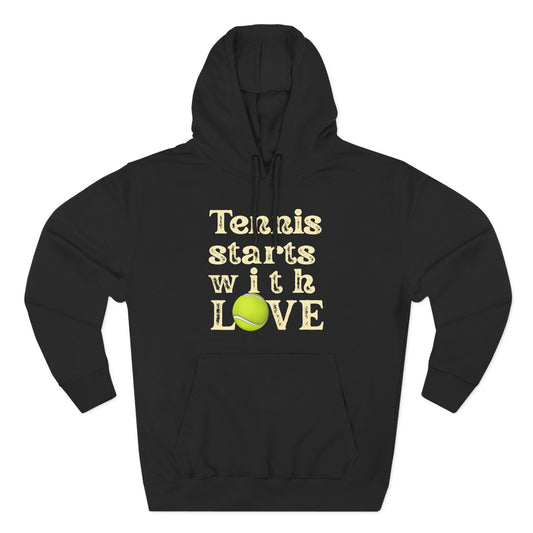 Black hoodie with 'Tennis starts with LOVE' text and tennis ball graphic on a white background