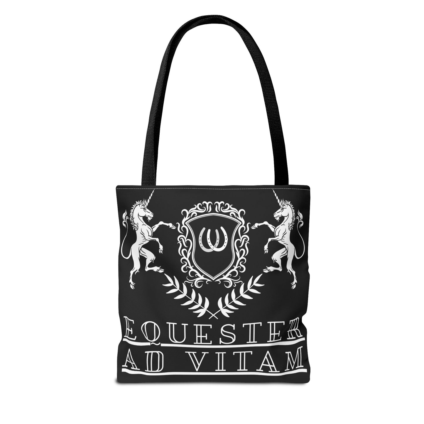 Black tote bag with white emblem and text on a white background