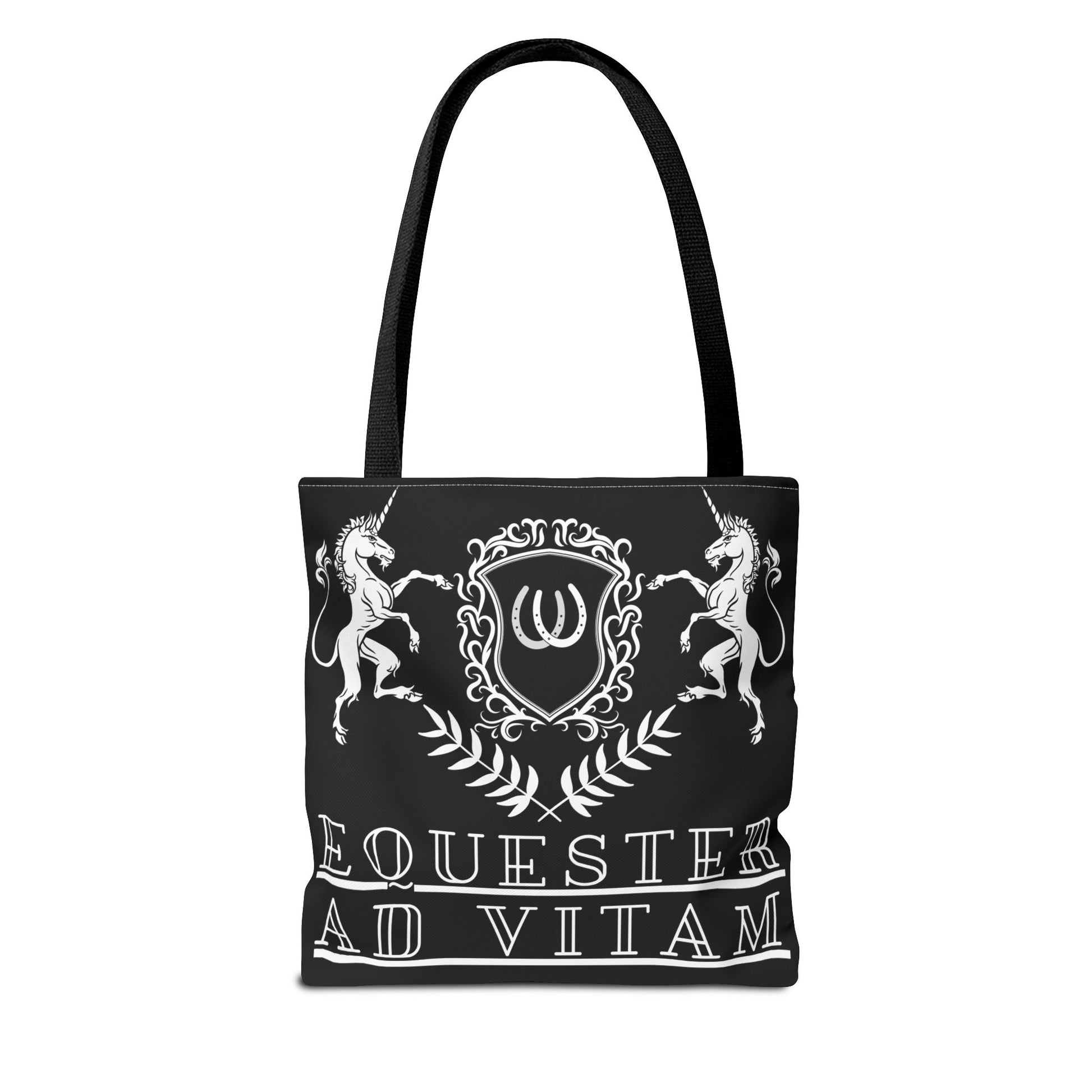 Black tote bag with white emblem and text on a white background