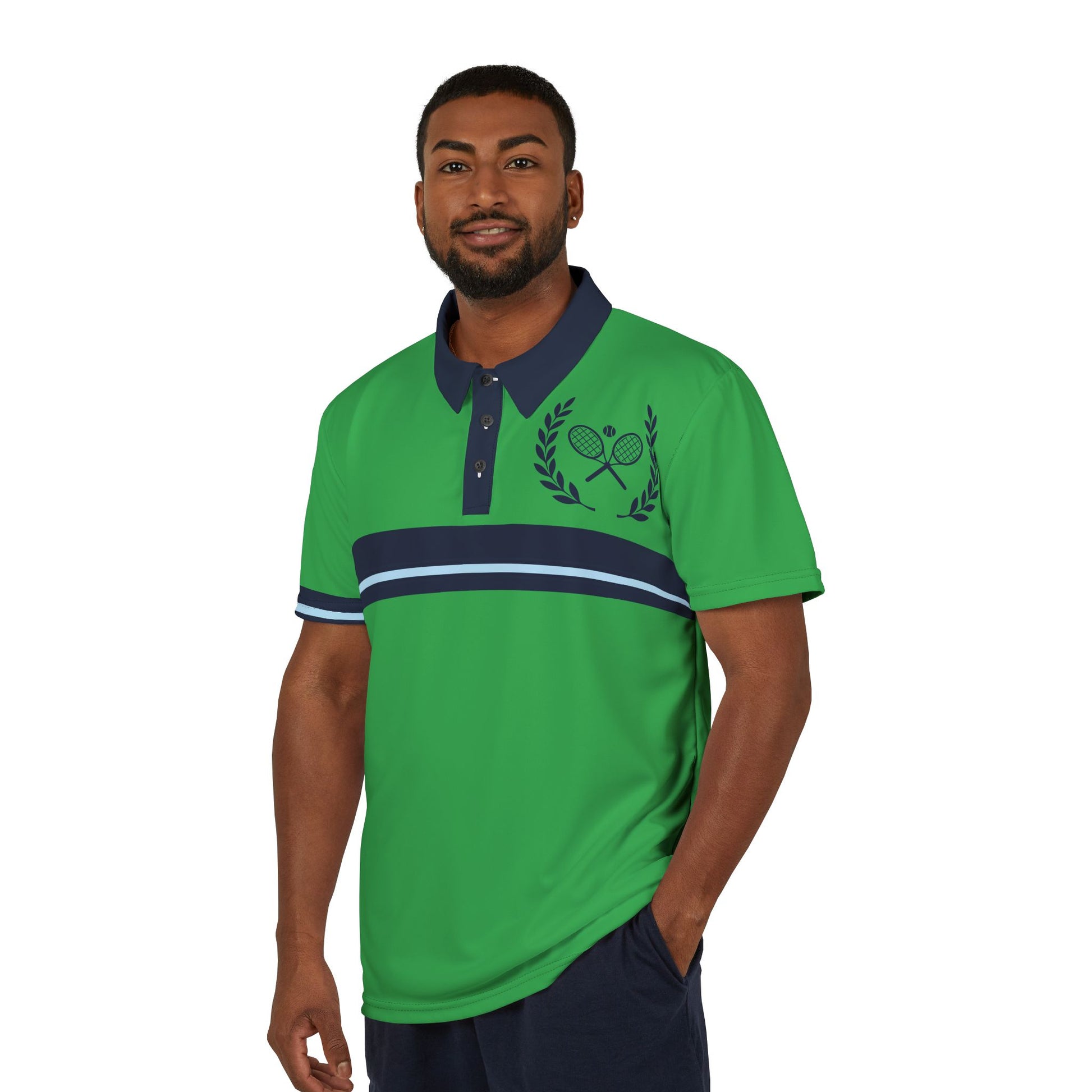 Vintage Tennis Polo Man wearing a green polo shirt with a logo on a white background