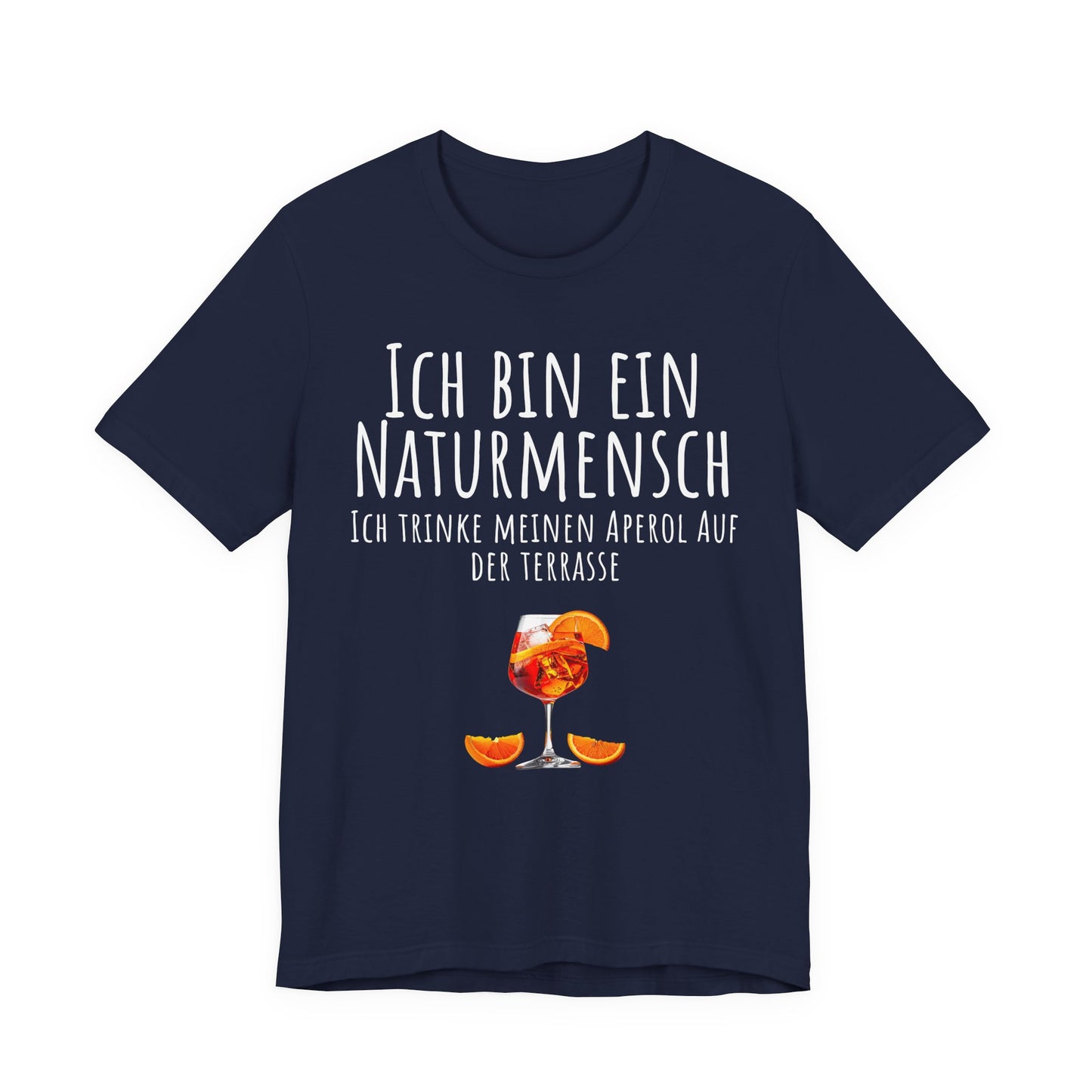 Black t-shirt with a drink graphic and German text on a white background