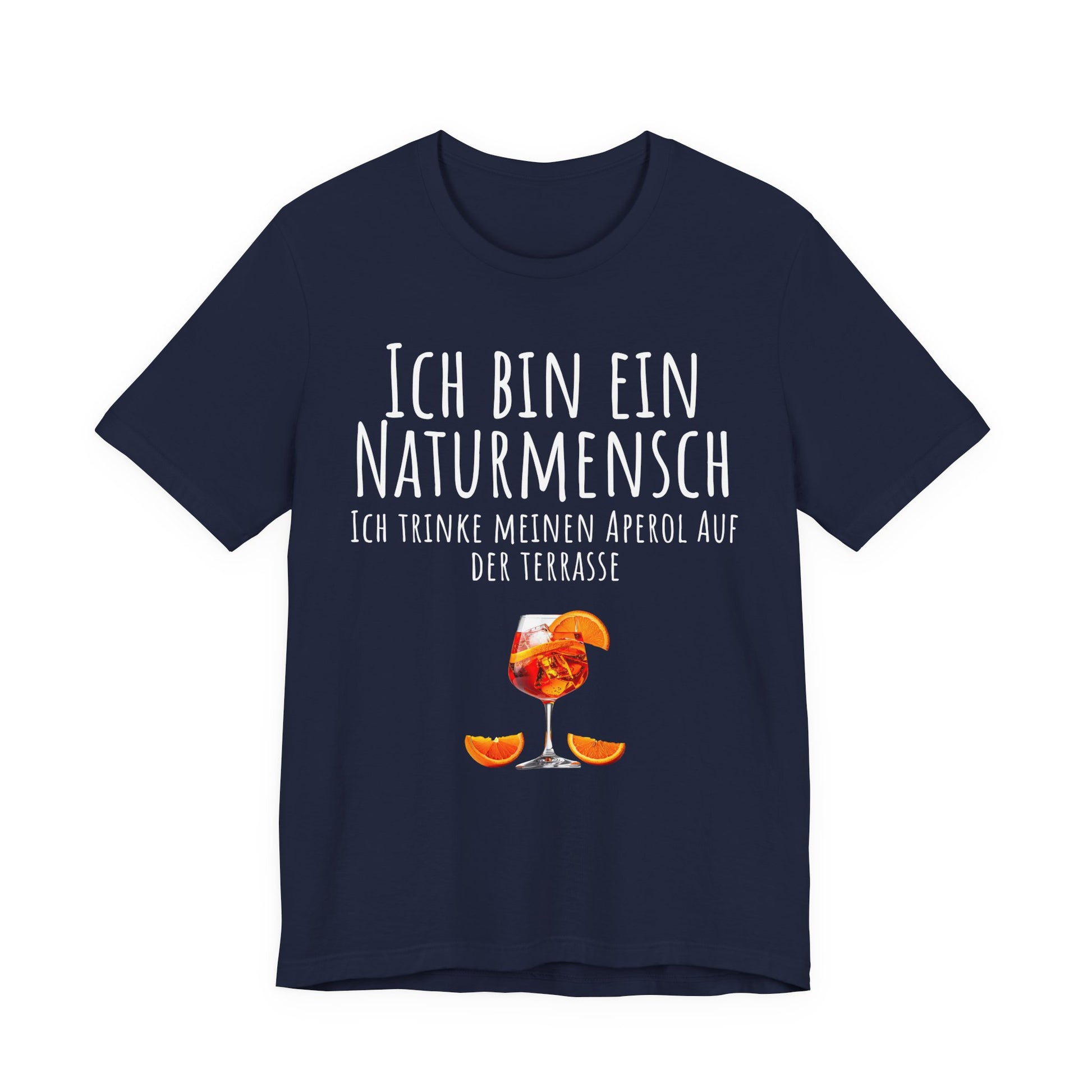 Black t-shirt with a drink graphic and German text on a white background
