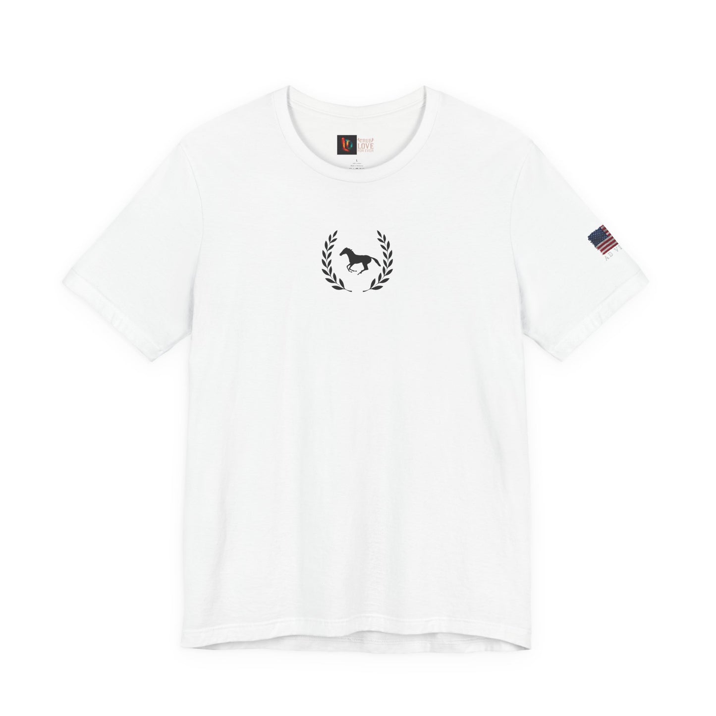 White t-shirt with a logo and small flag on a white background