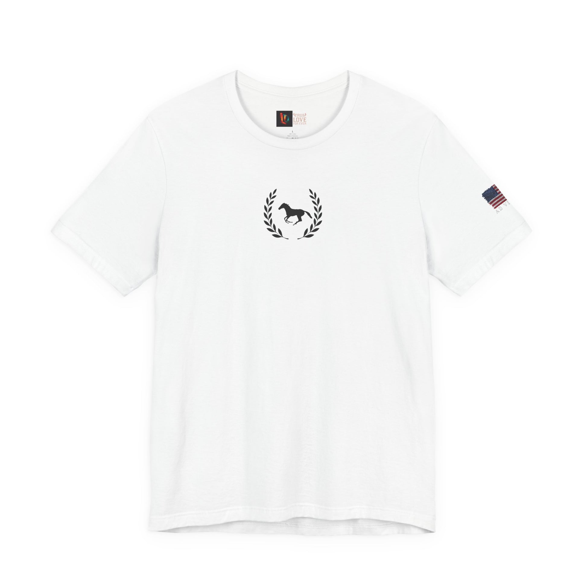 White t-shirt with a logo and small flag on a white background