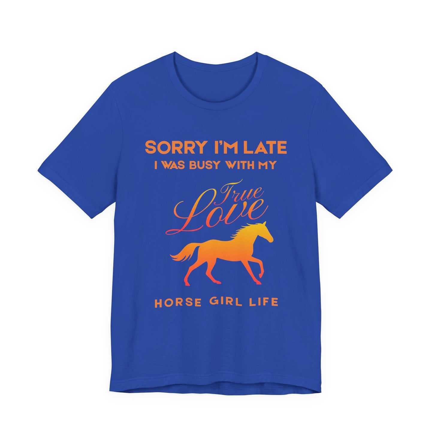 Blue t-shirt with orange text and horse graphic on a white background