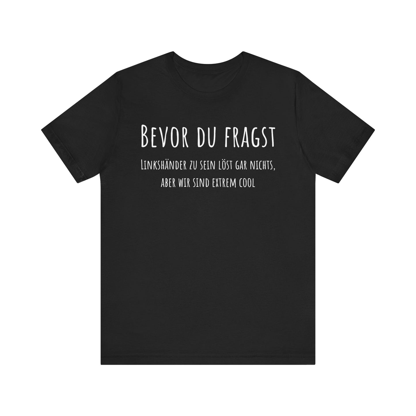 Black t-shirt with white text on a white background