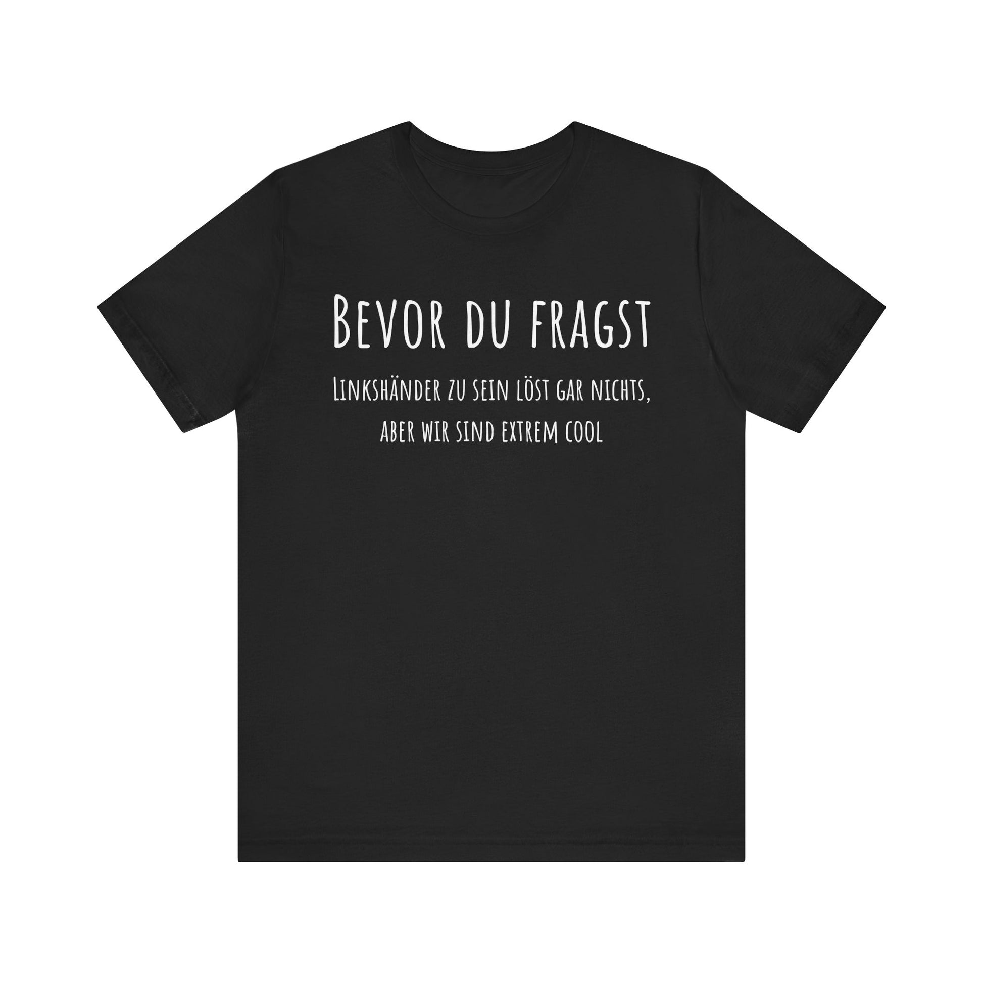 Black t-shirt with white text on a white background